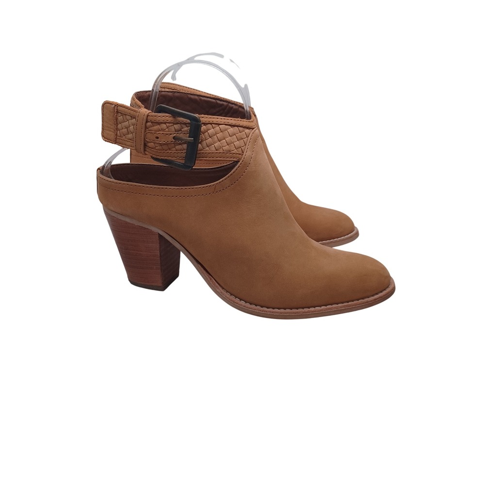 Crevo Womens Tan Leather Cutout Heel Booties Woven Ankle Strap Block Heel US 9